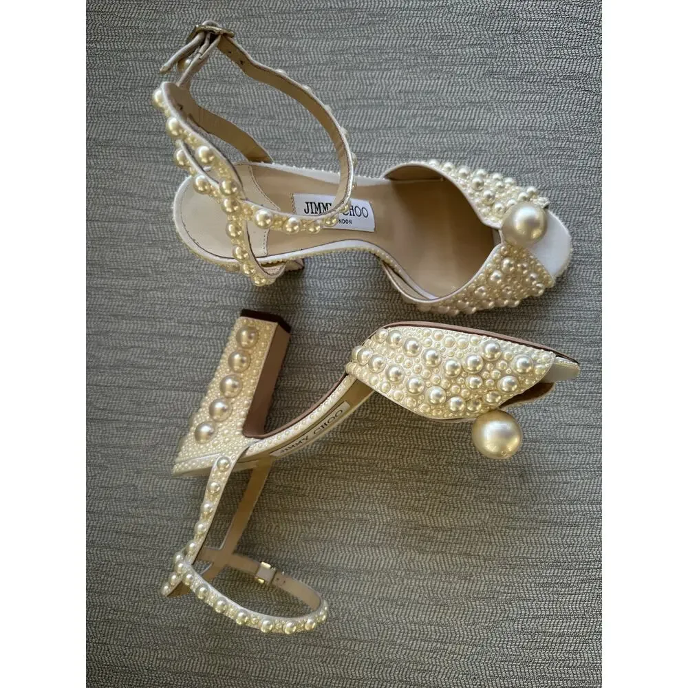 Jimmy Choo Pearl-Embellished Ivory Block Heel Sandals